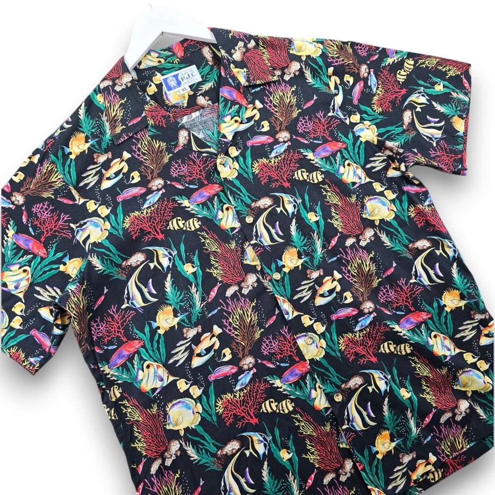 RJC Hawaii Mens XL Shirt Black Tropical Fish Coral Reef Cotton Button Down Short